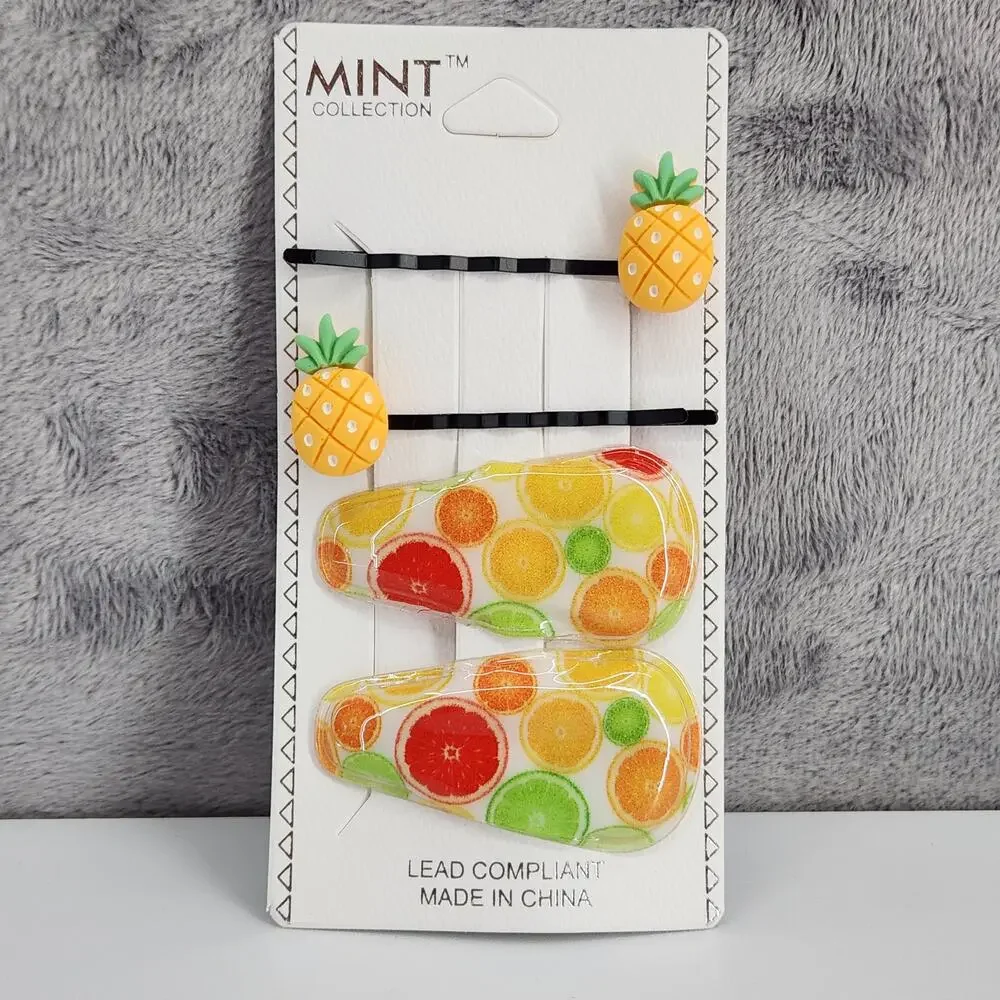 4 pc Fruit Hair Accessories 2 Pineapple bobby pins 2 citrus snap barrette clips